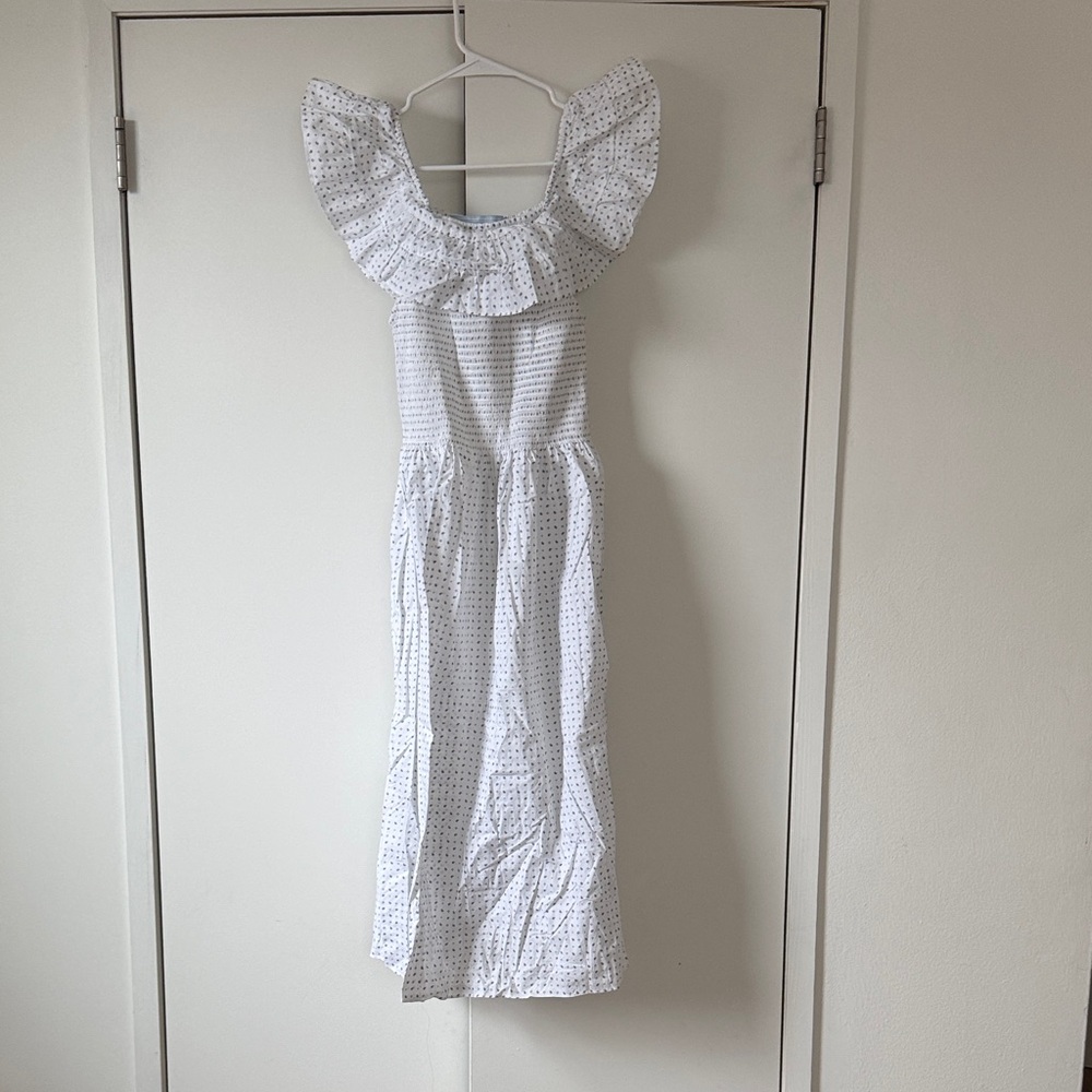 Hill House White Polka Dot Ruffle Midi Dress – Off-Shoulder Cotton Sundress